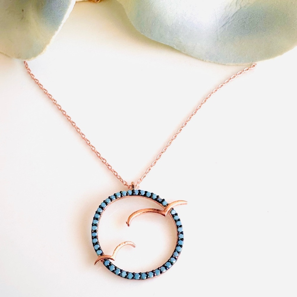 Sterling Silver Seagull in Circle Necklace, Flying Bird Pendant, Rose Gold